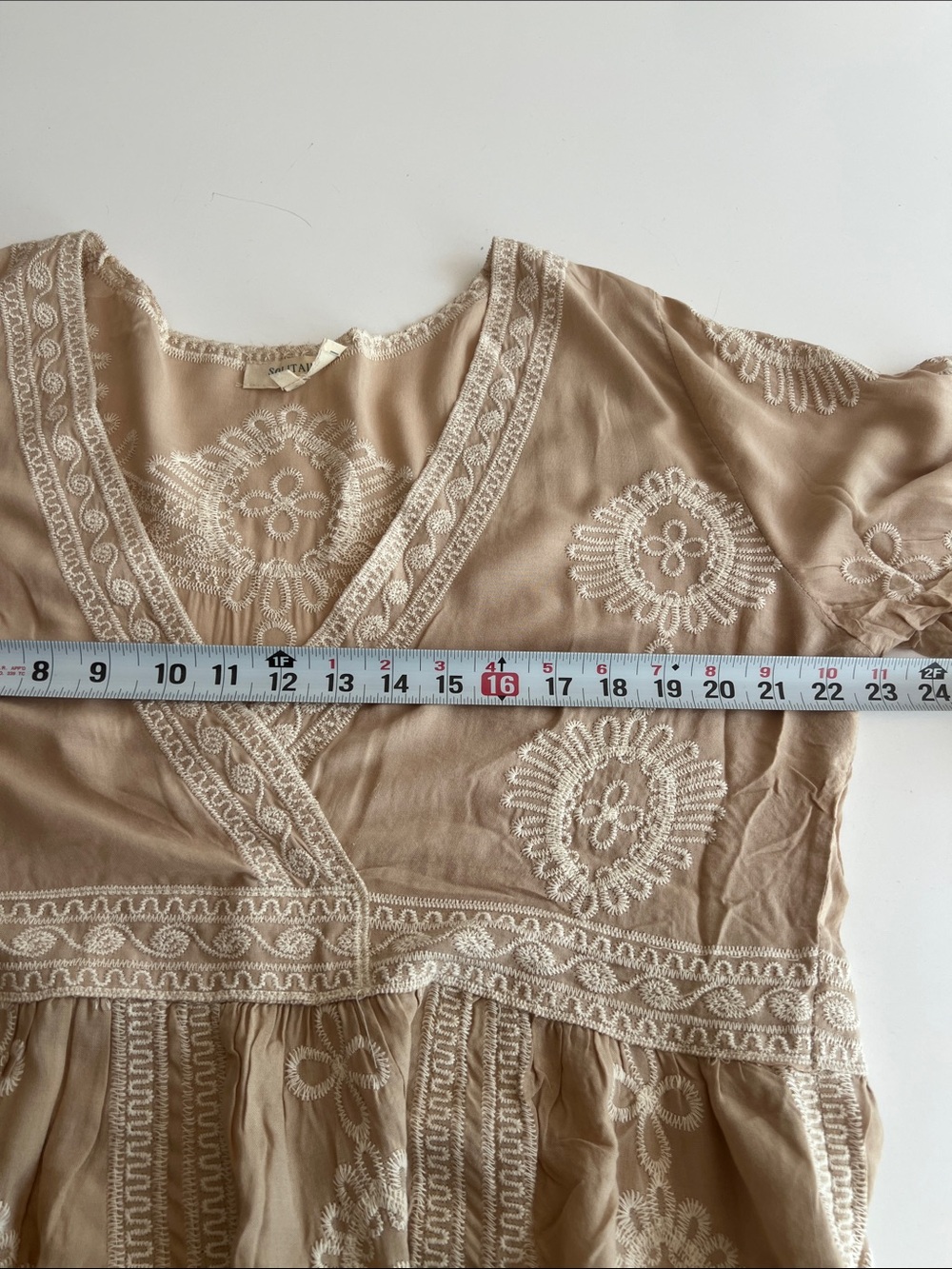 Solitaire Beige Embroidered V-Neck Women's Swim Coverup - Picture 9 of 9